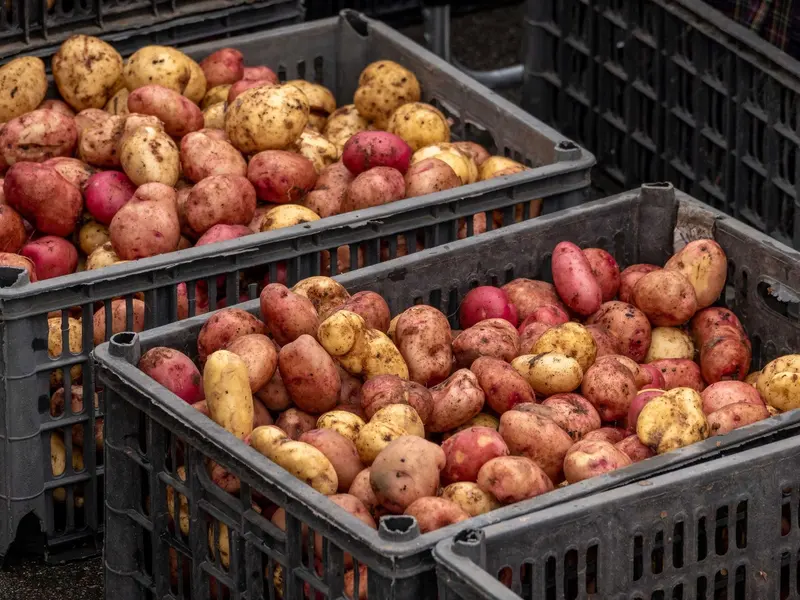 Crates of fresh potatoes