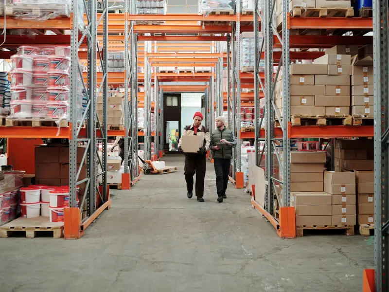 Warehouse aisle stocked with cases